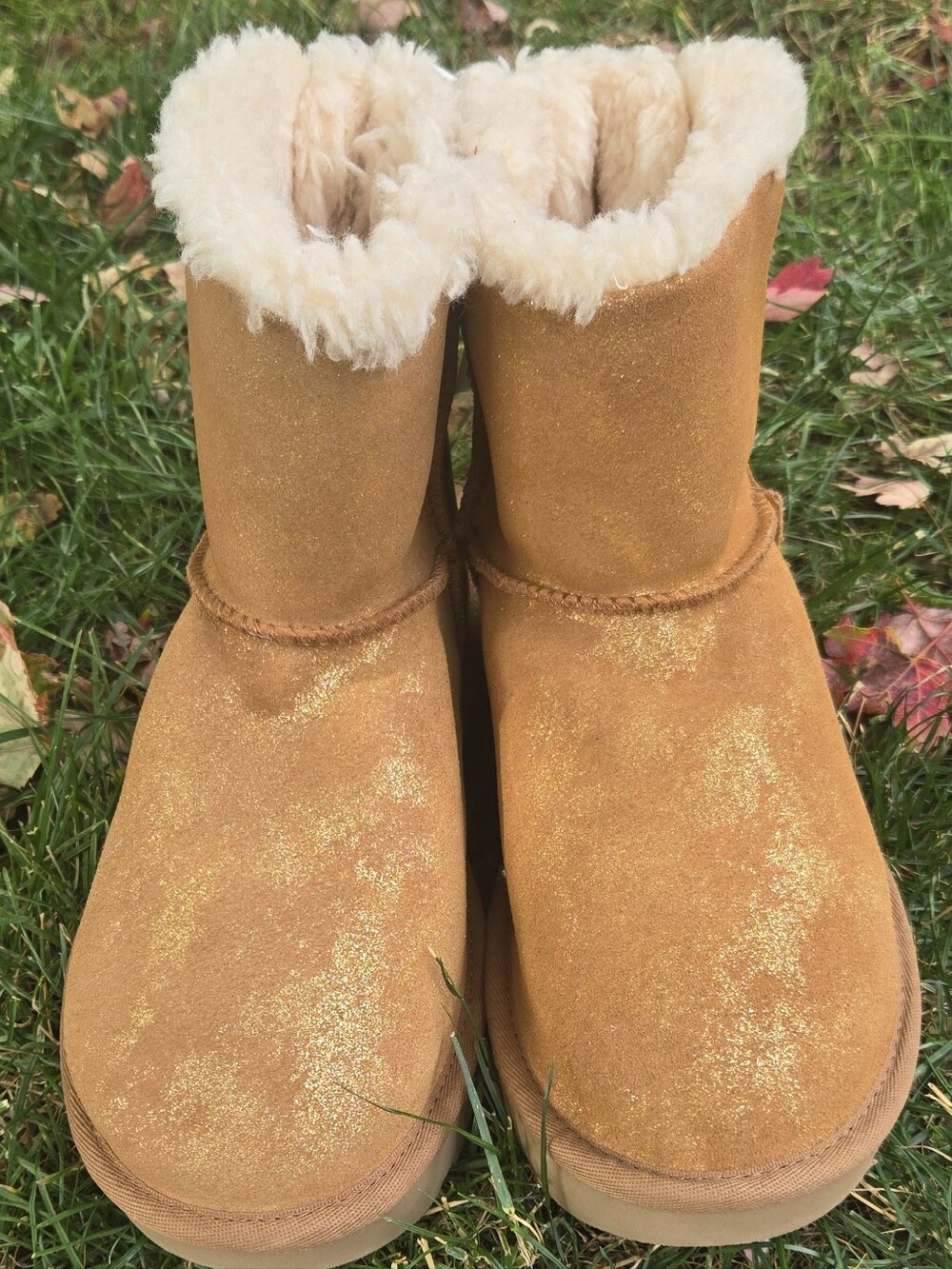 UGG Mini Bow-Back Chestnut Sparkle Gold Suede Boots with Cream Satin Bows